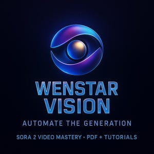 May include: A digital graphic featuring the text "WENSTAR VISION" in a blue, glowing font. Below, it reads "AUTOMATE THE GENERATION" and "SORA 2 VIDEO MASTERY • PDF + TUTORIALS." The logo is a stylized eye in shades of blue and purple.