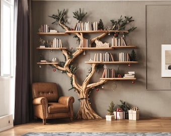 Rustic Tree Shaped Wooden Bookshelf with Branch Design for Living Room or Home Library