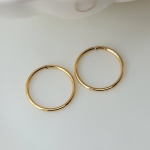 Sleepers Real 10k Yellow or White Gold 14mm Hoop Earrings For Kids Small Huggies Solid 10k Gold Sleeper Hoops 0.55 inch Leave-in Earrings