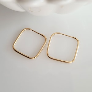Square Sleepers 10k Yellow Gold 20mm Hoops, Unique Earrings, Comfortable Earrings, Square Earrings