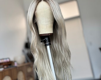 30 inch bright ashy rooted platinum blonde  human hair wig