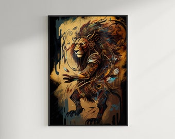 May include: Framed art print featuring a stylized lion illustration. The artwork showcases a lion with intricate patterns in shades of brown, gold, and blue. The lion is depicted in a dynamic pose against a textured background, framed in black.