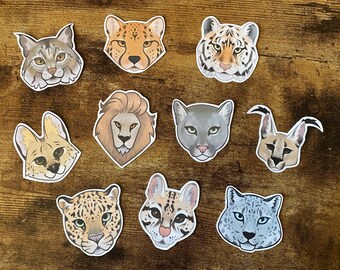 May include: A collection of ten animal face stickers, including a cheetah, tiger, lion, and bobcat. The stickers feature detailed illustrations with a white border, set against a brown wooden surface. The stickers are colorful and depict various wild cat species.