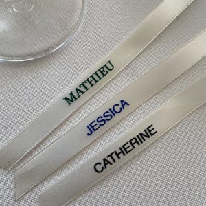Personalized champagne glass ribbon, custom printed satin ribbon, name tags, name place cards, escort cards