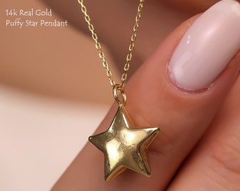 14k Real Gold Puffy 3D Star Necklace Women, Dainty Hollow Star Pendant, Birthday Anniversary Gifts Fine Jewelry Her Lady Wife Mum Girlfriend