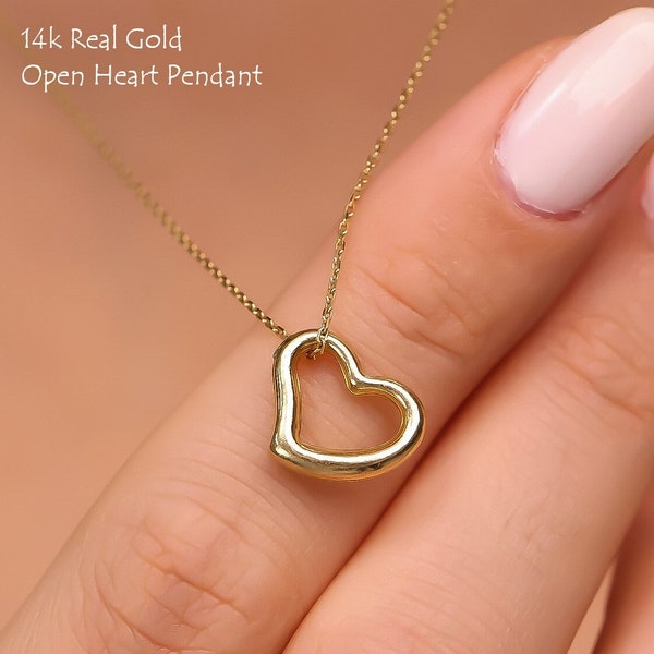 14K Real Gold Open Heart Necklace Women, Dainty Love Pendant, Birthday Anniversary Gifts Fine Jewelry Her Lady Wife Mum Girls, Cable Chains