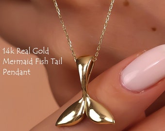 14k Real Gold Mermaid Fish Tail Necklace Women, Dainty Whale Tail Pendant, Birthday Anniversary Gifts Fine Jewelry Her Lady Wife Mum Girls