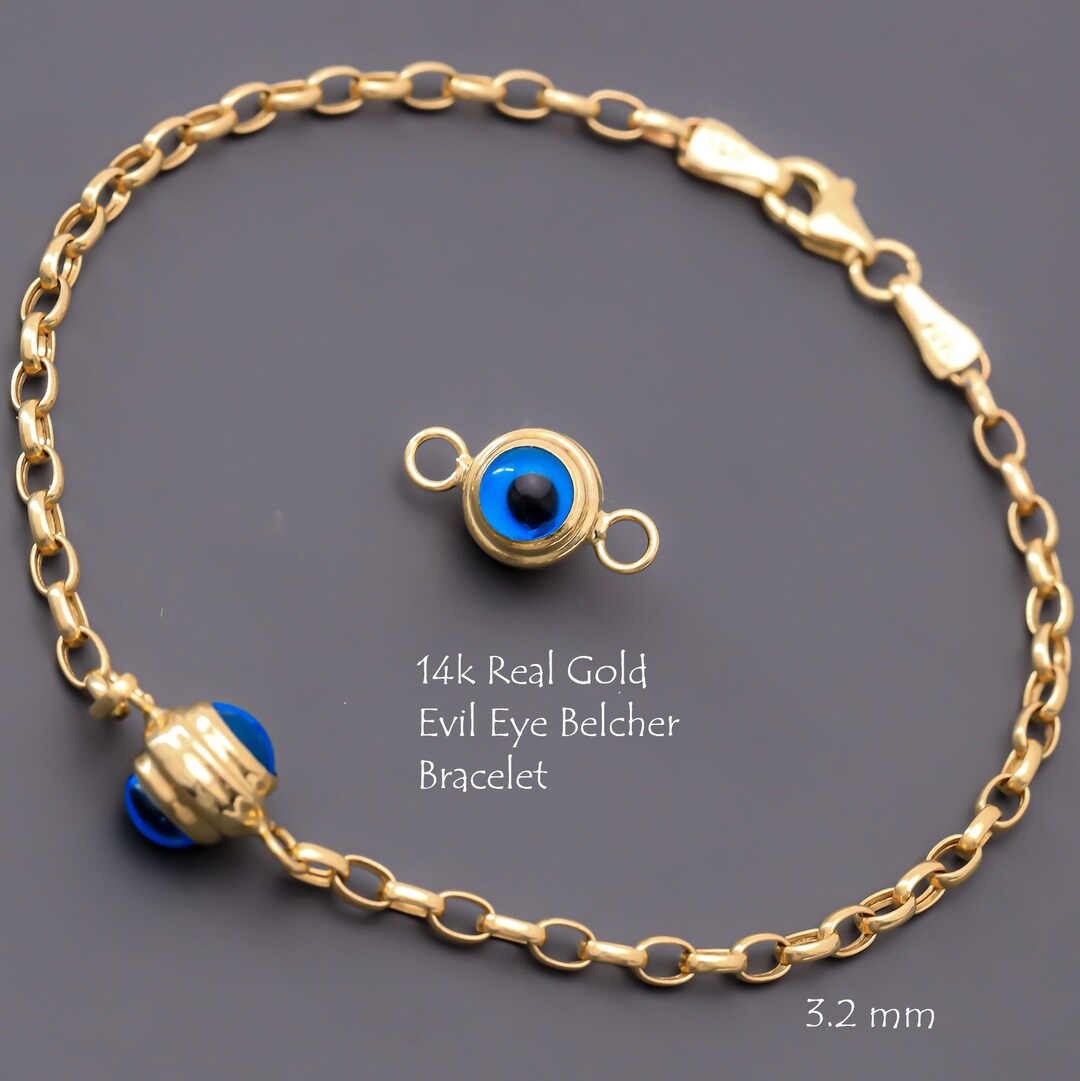 14K Real Gold Blue Evil Eye Bracelet Women, Rolo Belcher Protection ...