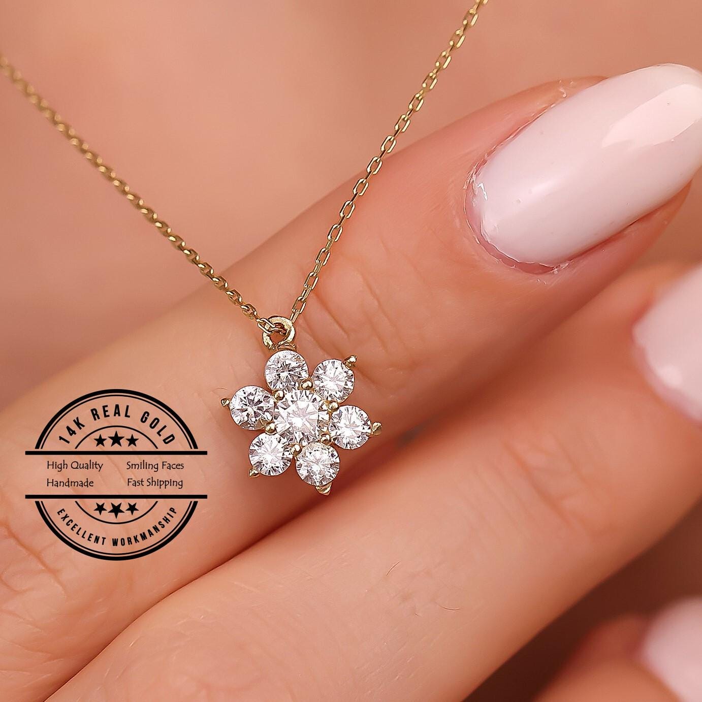 14k Real Gold CZ Flower Necklace Women, Daisy Pendant