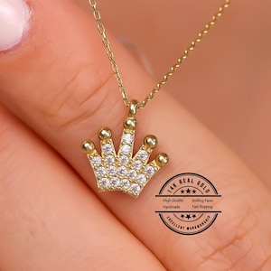 14k Echtgold CZ Krone Halskette Frauen, Zierliche Königin Krone Anhänger, Geburtstag Jahrestag Geschenke Fine Jewelry Ihre Dame Frau Mama Freundin Kinder