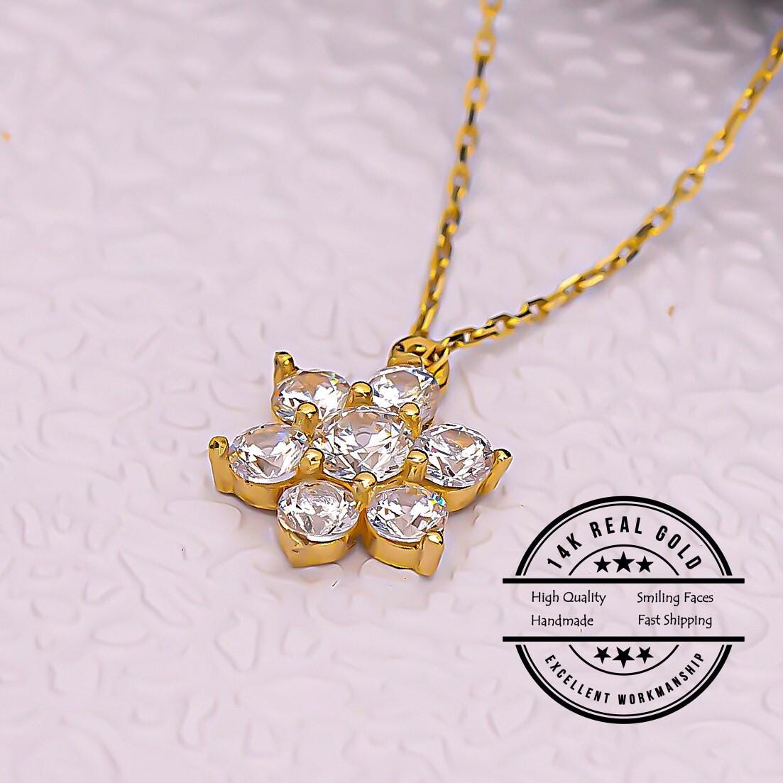 14k Real Gold CZ Flower Necklace Women, Daisy Pendant