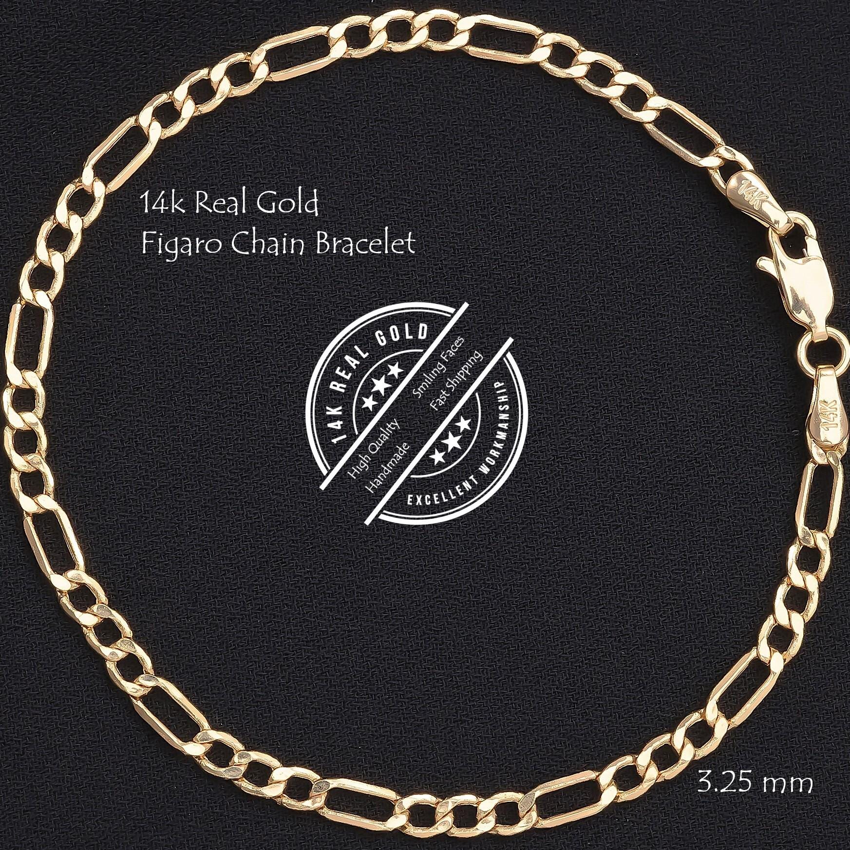 14K Real Gold Figaro Bracelet Men, Figaro Link Chain Women