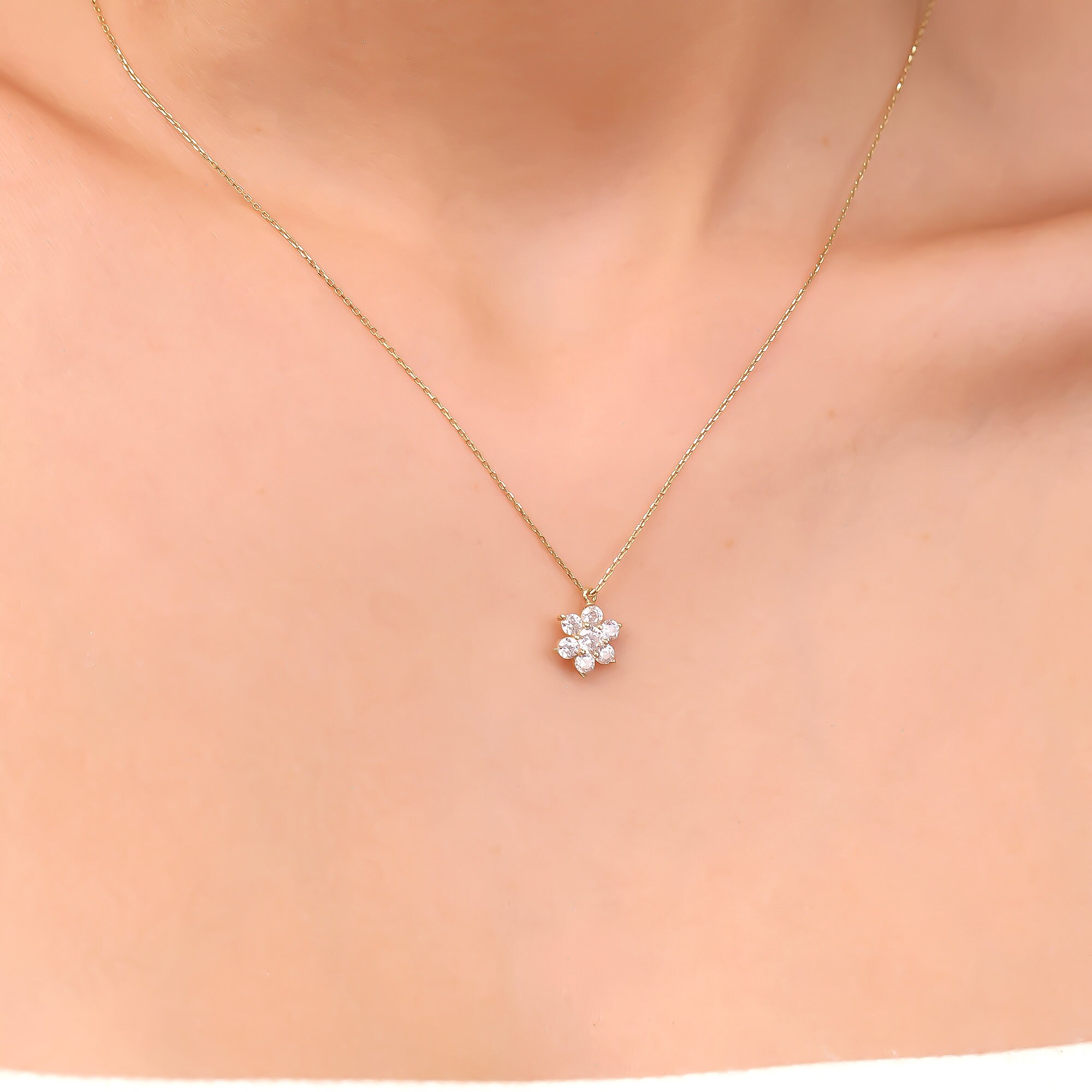 14k Real Gold CZ Flower Necklace Women, Daisy Pendant