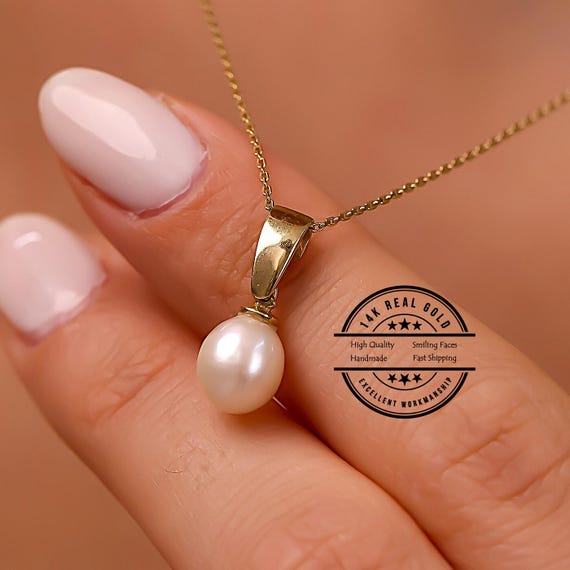 14k Real Gold Pearl Necklace Women, Dainty Pearl Pendant