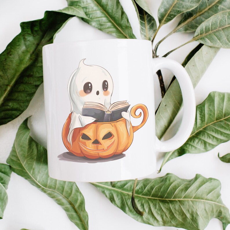 Cute Spooky Halloween Ghost Reading in Pumpkin Mug PNG, Bookish Clipart ...