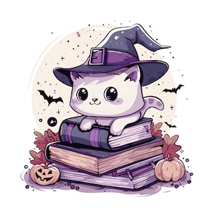 Süße gruselige Halloween-Katze mit Büchern PNG, Buch-Clipart für Print on Demand, druckbar, Sublimation, Buchliebhaber-Herbst-Clipart