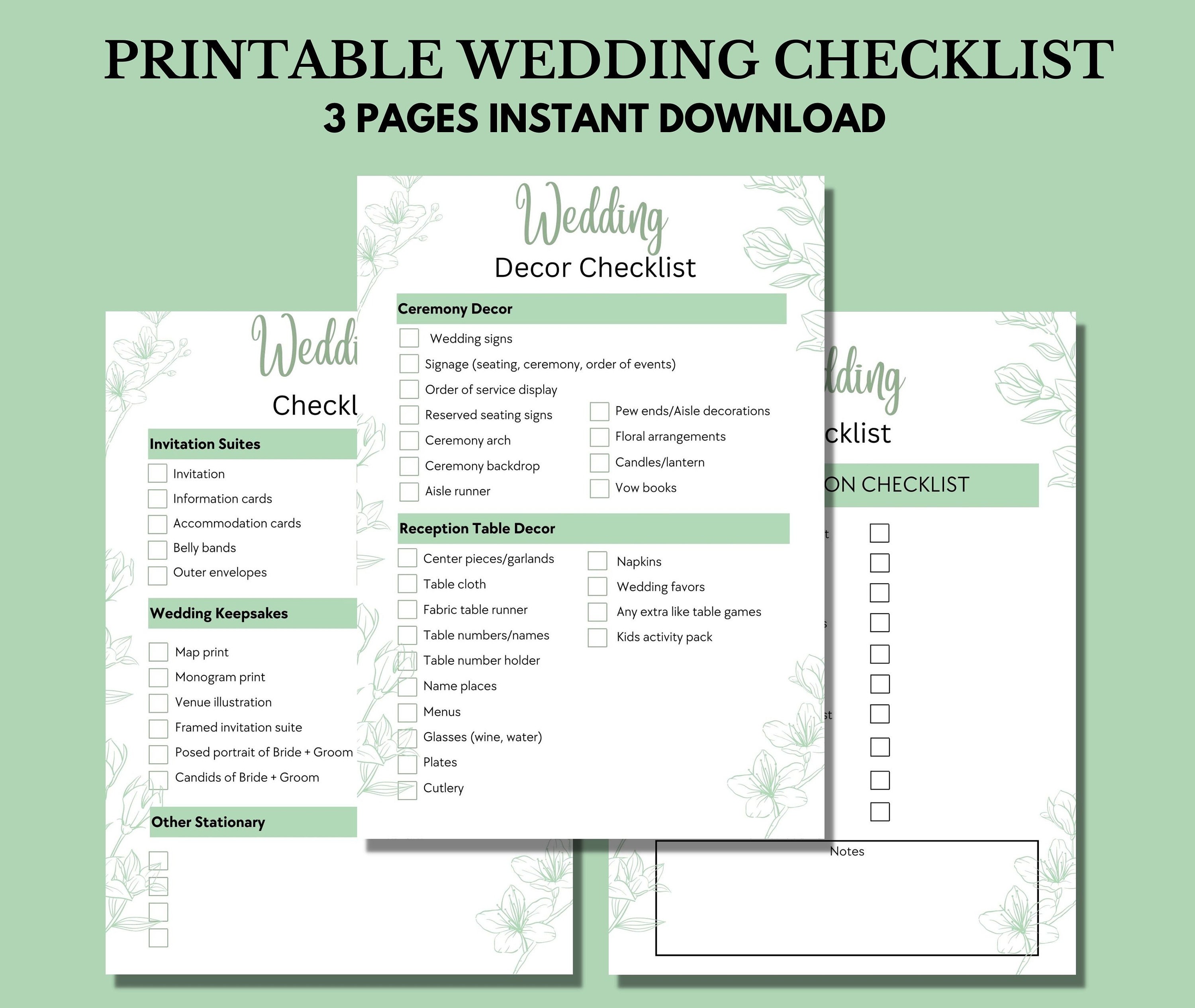 Printable Wediing Checklist Template, Floral Wedding Checklist Wedding ...