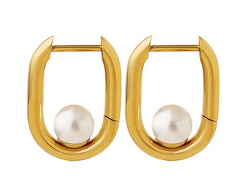 18k Gold Plated Stainless Steel U Shape Nature Stone Pearl Earrings