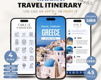 Greece Travel Itinerary Canva Template: Fully Customizable Digital Trip Planner, Printable Travel Guide Ebook