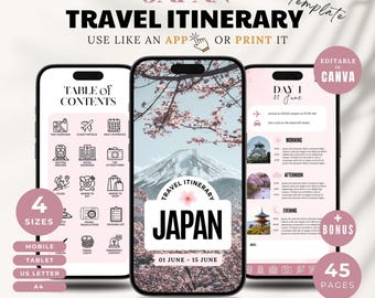 Plantilla de Canva para itinerario de viaje a Japón: Planificador de viaje digital personalizable, organizador de vacaciones, guía imprimible en formato ebook.