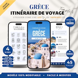 Greece Travel Itinerary Template: Editable in Canva, Trip Planner (Digital Download, French Version)