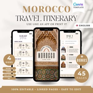 Itinerario di viaggio modificabile MAROCCO / Modello Canva / PDF digitale e stampabile / Pianificatore di viaggio personalizzabile, organizzatore di vacanze, guida di viaggio