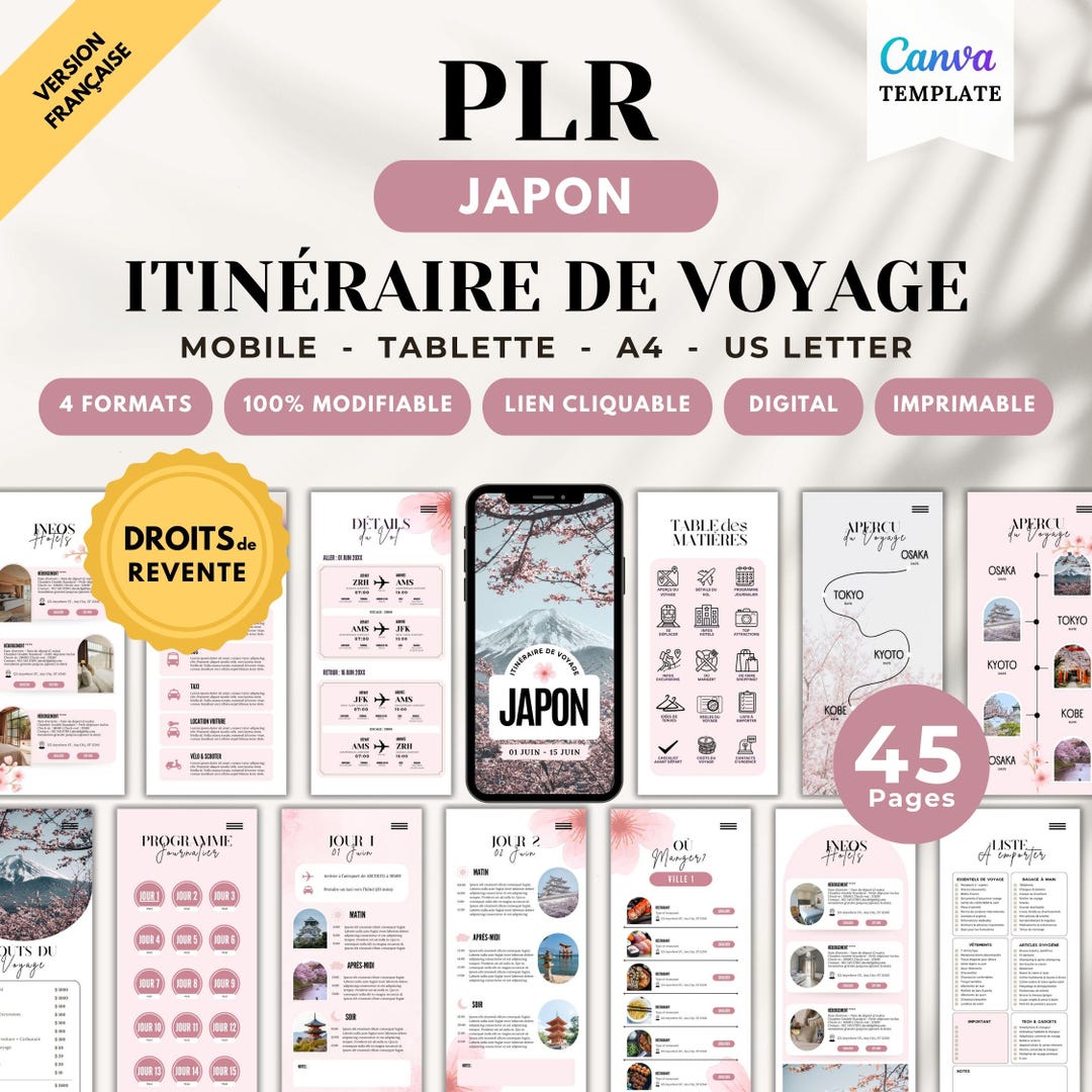 PLR Japan Travel Itinerary Template: Editable Canva PDF Planner