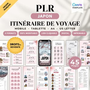 May include: A digital travel itinerary template for Japan, featuring a pink and white design. The template includes sections for mobile, tablet, A4, and US Letter formats. The image displays the text "PLR JAPON ITINÉRAIRE DE VOYAGE".