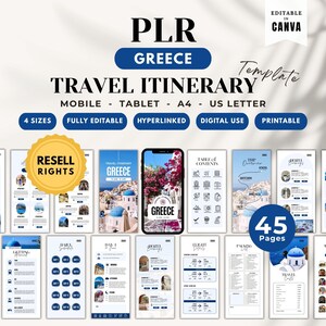 PLR Greece Travel Itinerary Template: Fully Editable in Canva, Trip Planner (Resell Rights)