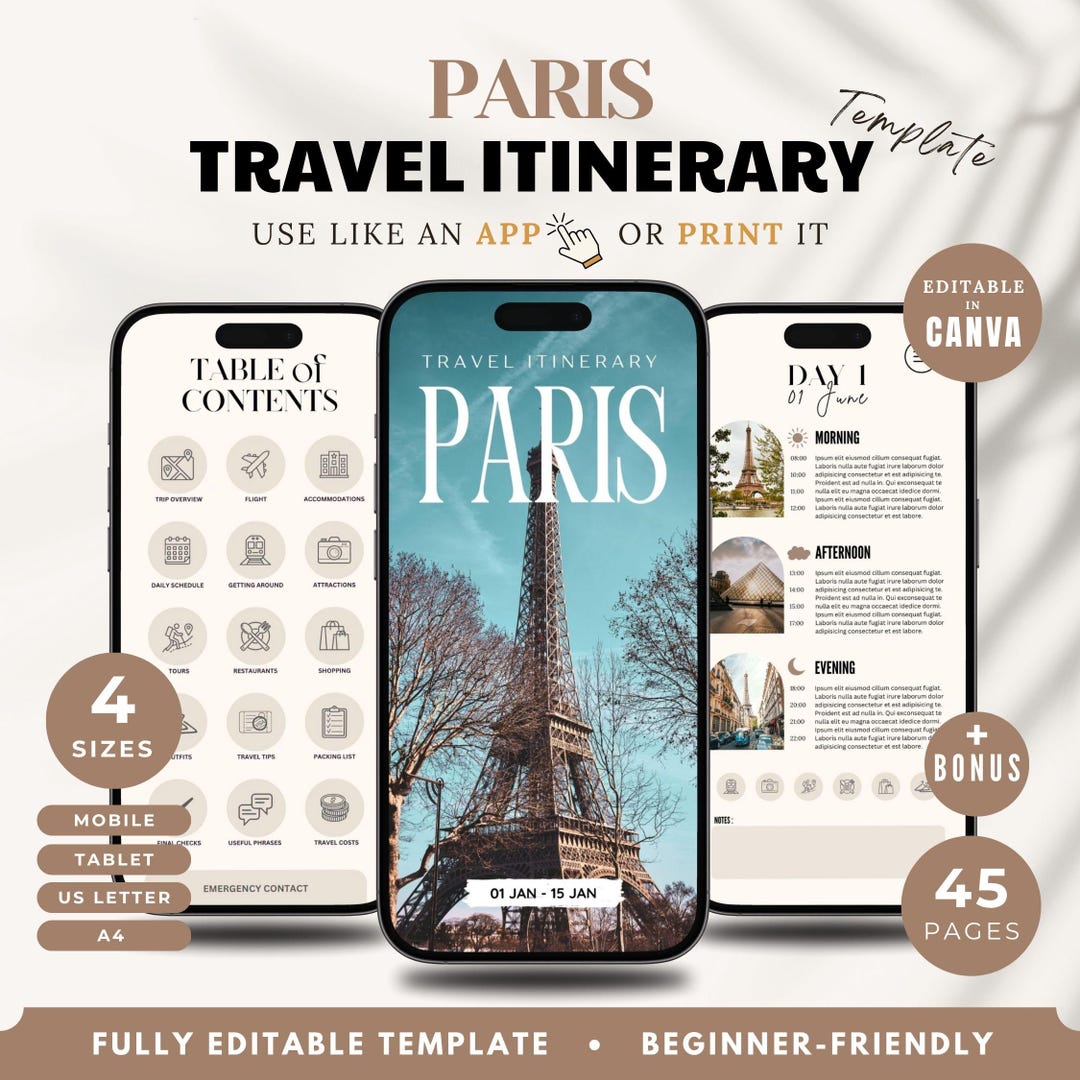 Paris Travel Itinerary Canva Template : Fully Editable Trip Planner ...