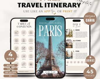 Paris Reiseplaner Canva Vorlage: Vollständig bearbeitbarer Reiseplaner, digitale Urlaubsplanung (Sofortdownload)