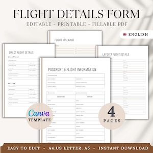 Formulario rellenable de detalles de vuelo: Planificador de viajes PDF (A4, US LeContter, A5)
