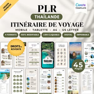 May include: A digital travel itinerary template for Thailand, featuring a mobile phone mockup with a tropical beach scene. The design includes 45 pages, customizable formats, and the text "ITINÉRAIRE DE VOYAGE".