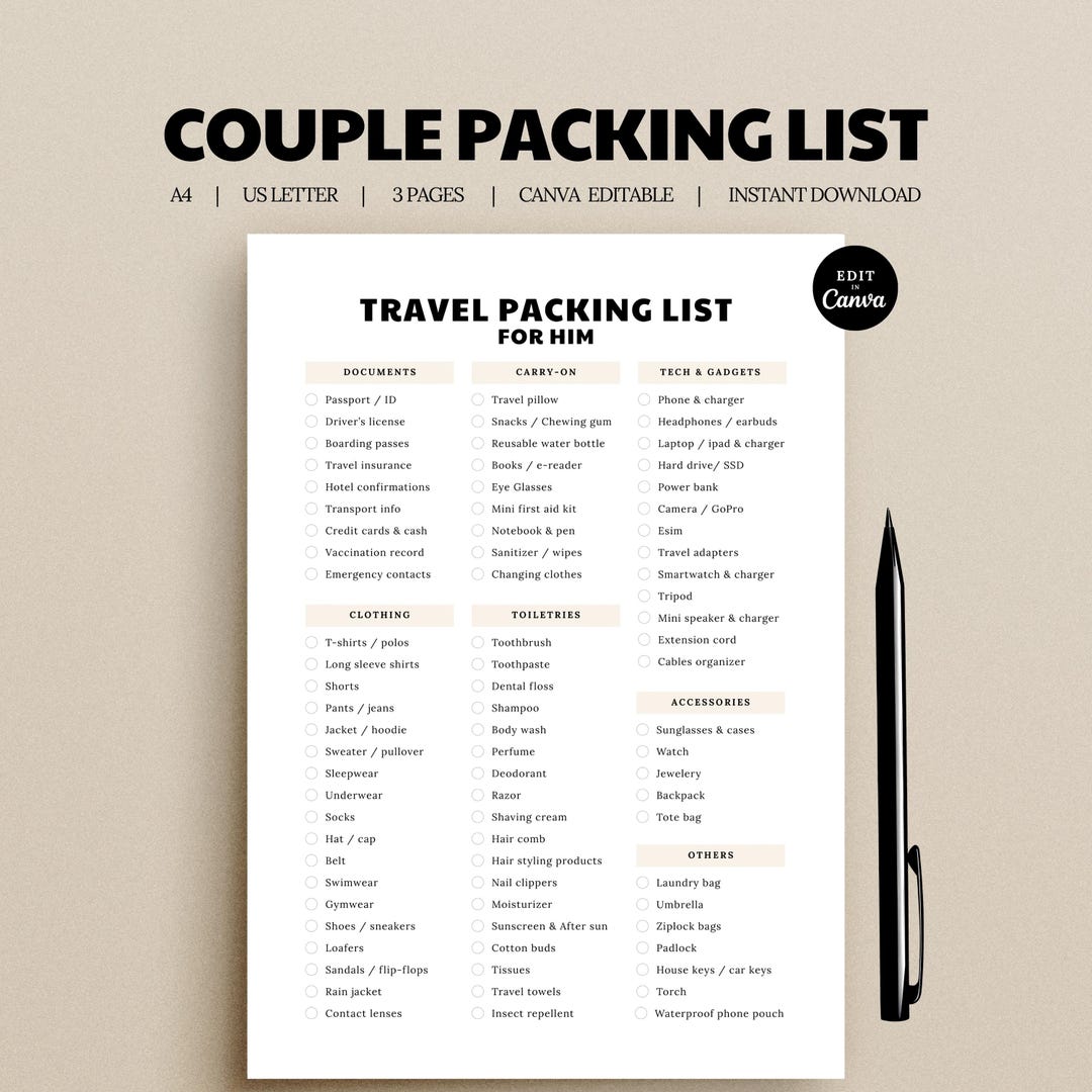 Ca Hers Rater Checklist.pdf Couple Travel Packing List Template PDF, His Hers Vacation Checklist ...