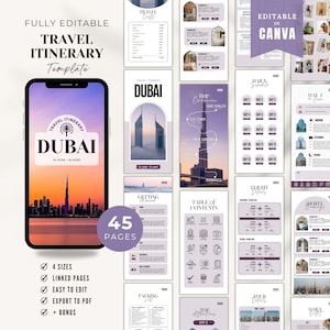 Dubai Travel Itinerary Canva Template: Purple Vacation Planner (Digital Download, Printable PDF)