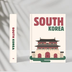 May include: A book and its spine, both with the words "SOUTH KOREA" in red and green. The book cover displays a stylized illustration of a Korean gate. The spine also has the year "2050".