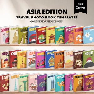 以下が含まれることがあります： アジアの各目的地をテーマにした旅行写真集テンプレートのコレクション。木製の棚に並べられ、象徴的なランドマークや文化的なシンボルが描かれた鮮やかな表紙が特徴です。「ASIA EDITION」と「TRAVEL PHOTO BOOK TEMPLATES」の文字が見えます。