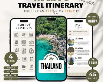 タイ旅行プランナーテンプレート：Canvaで編集可能、バケーションプランナー、旅行オーガナイザー（デジタルダウンロード）