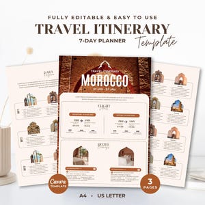 Puede incluir: Plantilla de itinerario de viaje para Marruecos, con un planificador de 7 días. El diseño incluye un diseño central con el texto "MOROCCO" y fechas, además de secciones para vuelos y alojamiento. Totalmente editable y fácil de usar.