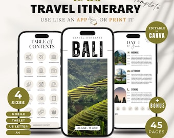 Bali Travel Itinerary Template : Editable in Canva, Digital Trip Planner, Pdf Printable (Instant Download)