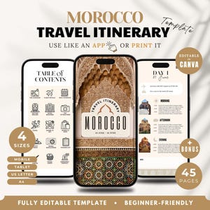 Plantilla de itinerario de viaje a Marruecos: totalmente editable en Canva, planificador de viaje personalizable (digital e imprimible)