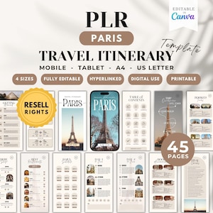 May include: A digital travel itinerary template for Paris, featuring the Eiffel Tower. The design includes a mobile and tablet layout, with options for A4 and US Letter sizes. It is fully editable, hyperlinked, and printable, with resell rights. The template has 45 pages.