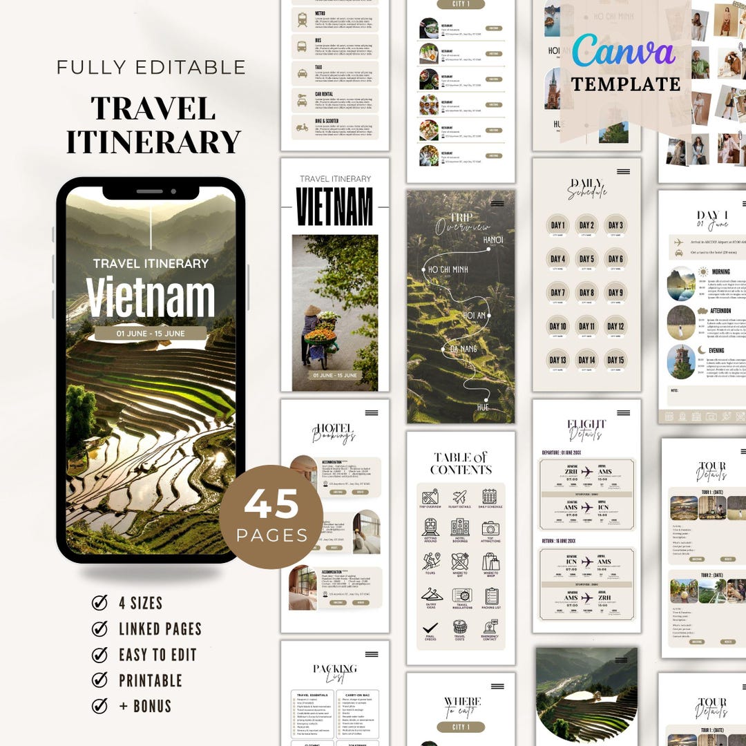 Editable Travel Itinerary | Canva Template | Digital & Printable PDF ...