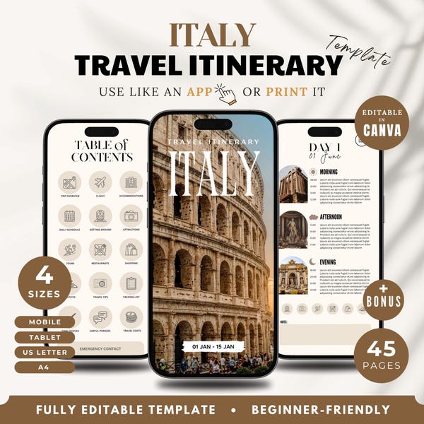 Italy Travel Itinerary Template : Fully Editable in Canva, Trip Planner (Digital Download & Printable)