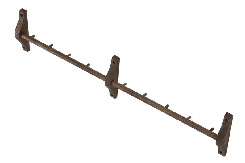 May include: A brown metal coat rack with multiple hooks. The rack is mounted to a wall with two brackets.