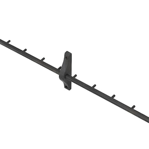 May include: Black metal wall-mounted coat rack with six hooks. The rack is made of metal and has a black finish.