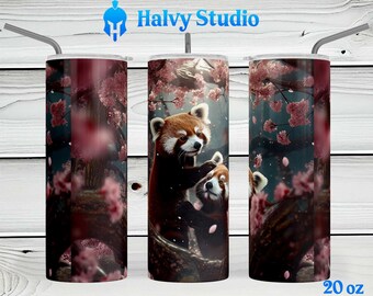 Red Pandas Cherry Blossoms #0111 sublimation design for 15oz, 20oz straight, 20oz tapered, and 30oz Skinny Tumblers, Digital Download