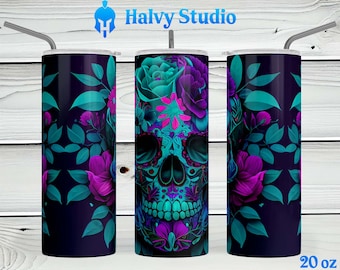 Sugar Skull, Flowers, Teal, Purple #0007 sublimation design for 15oz, 20oz straight, 20oz tapered, & 30oz Skinny Tumblers, Digital Download