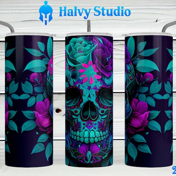 Sugar Skull, Flowers, Teal, Purple #0007 sublimation design for 15oz, 20oz straight, 20oz tapered, & 30oz Skinny Tumblers, Digital Download