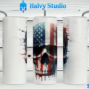 Diseño de sublimación Skull US Flag #0001 para vasos flacos de 15 oz, 20 oz rectos, 20 oz cónicos y 30 oz, descarga digital, obra de arte original